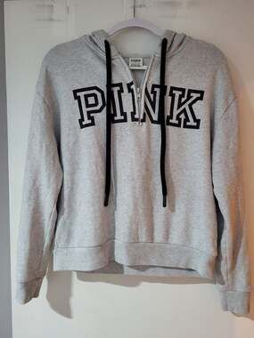 Victoria's Secret PINK Gray Heather Quarter-Zip Graphic Pullover Hoodie XS